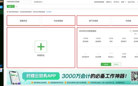 柠檬云财务软件功能首页，凭证、账簿、报表一屏可达